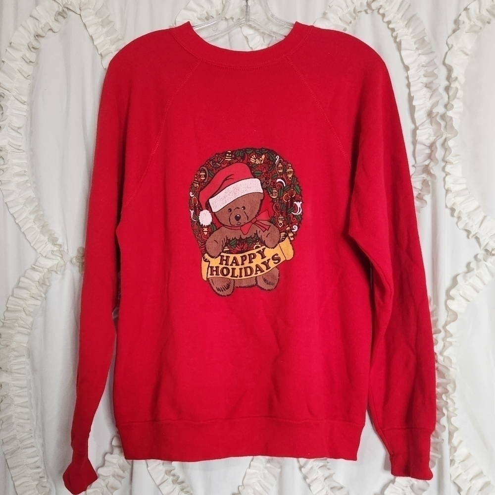 Vintage Red Christmas Teddy Bear Santa Holiday Wreath Sweater sz Medium